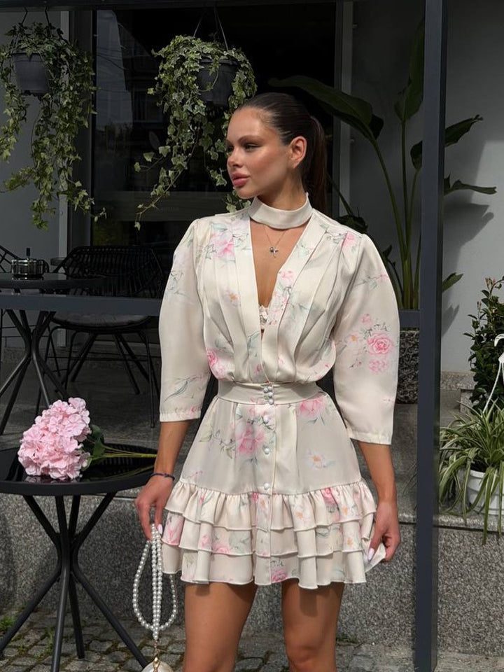 Ladies Floral Chiffon Mini Dress with V-Neck, Waistbelt & Ruffle Steps Mune Fashion