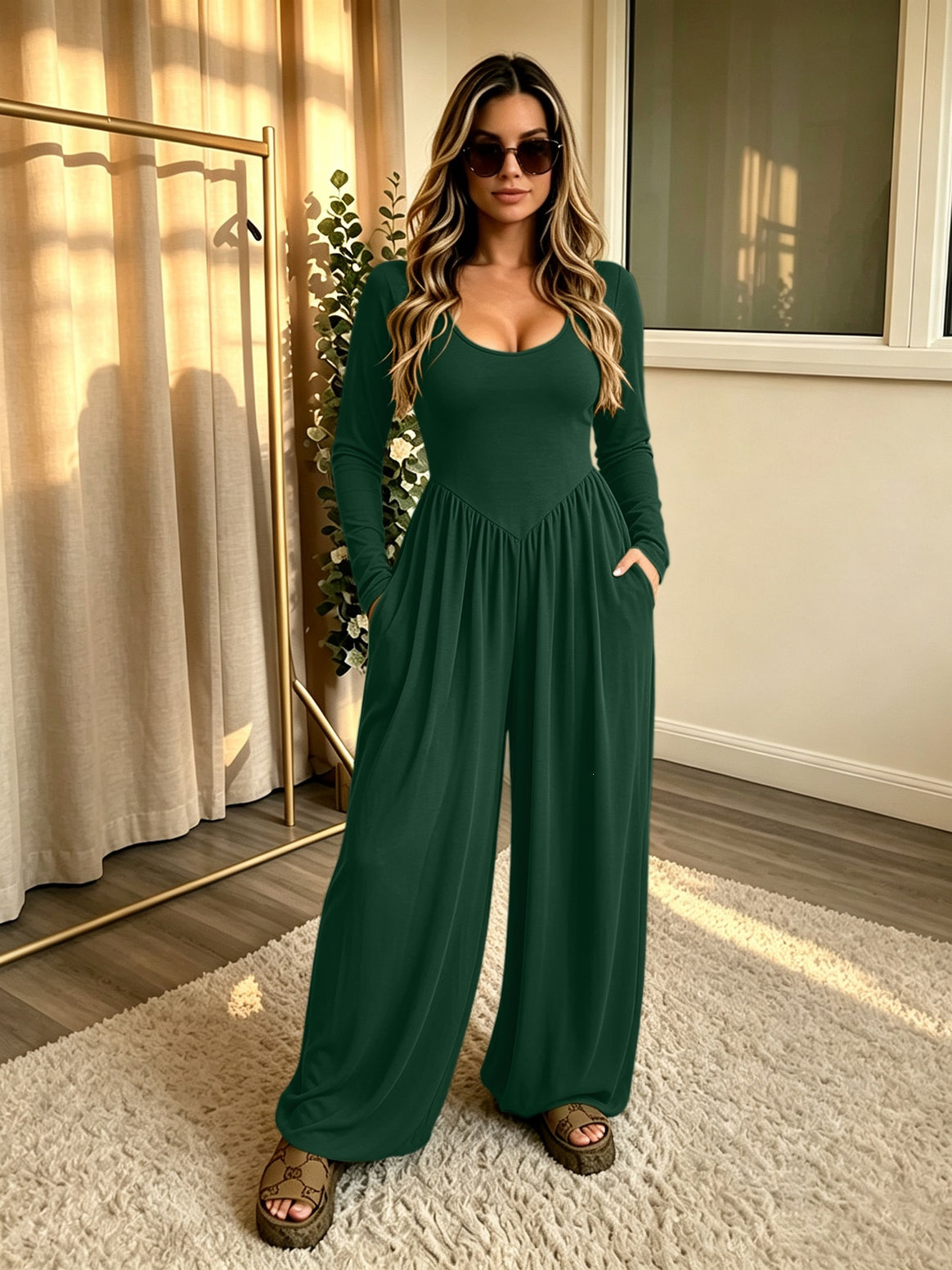 Ladies Long Jumpsuit with Wide Leg, Deep Round Neck and Side Pockets Mune Fashion