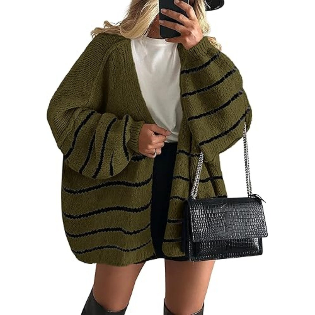 Women's Oversized Knit Cardigan with Balloon Sleeves and Open Front Mune Fashion