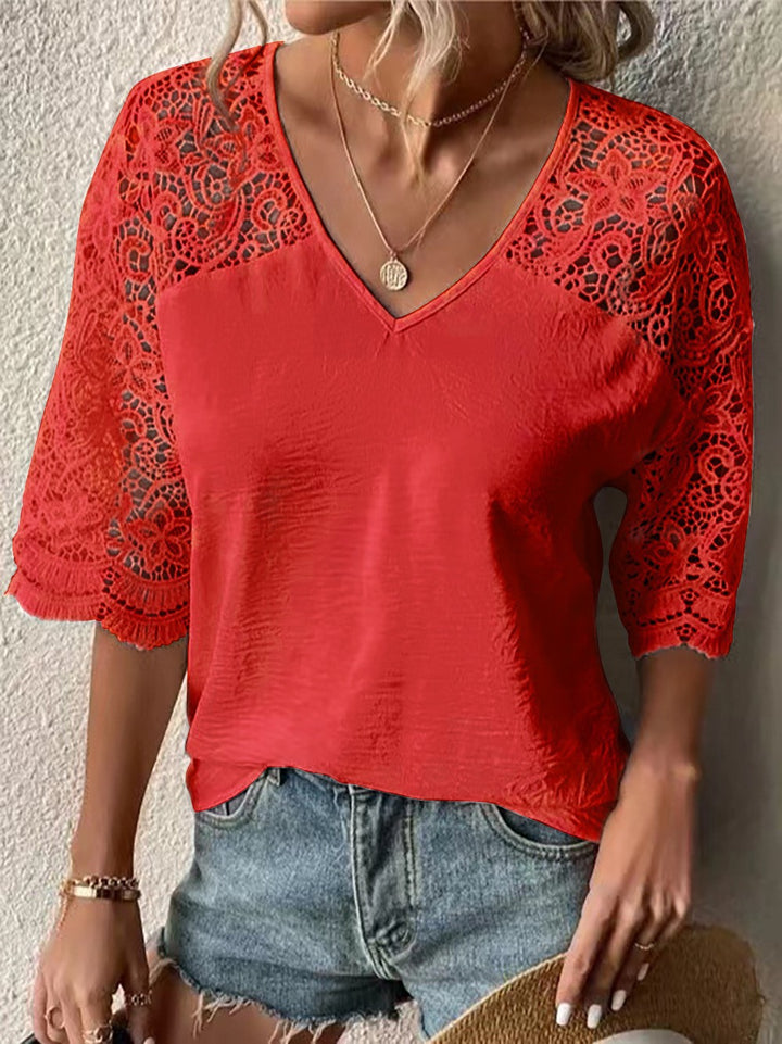 Women’s V-neck lace blouse with three-quarter crochet sleeves and crinkle look Mune Fashion