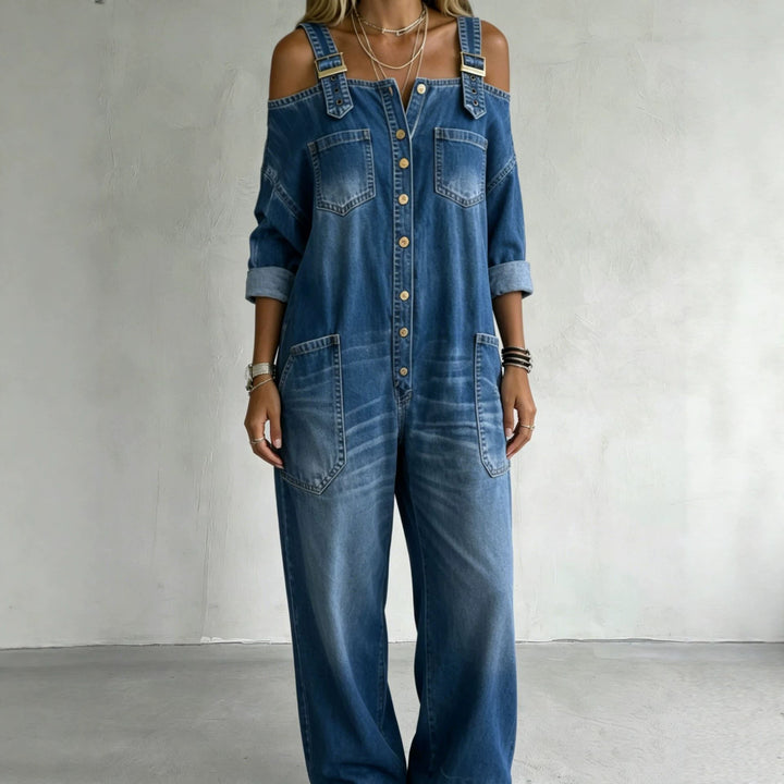 Women's Stylish Denim Overall with Off-Shoulder Design