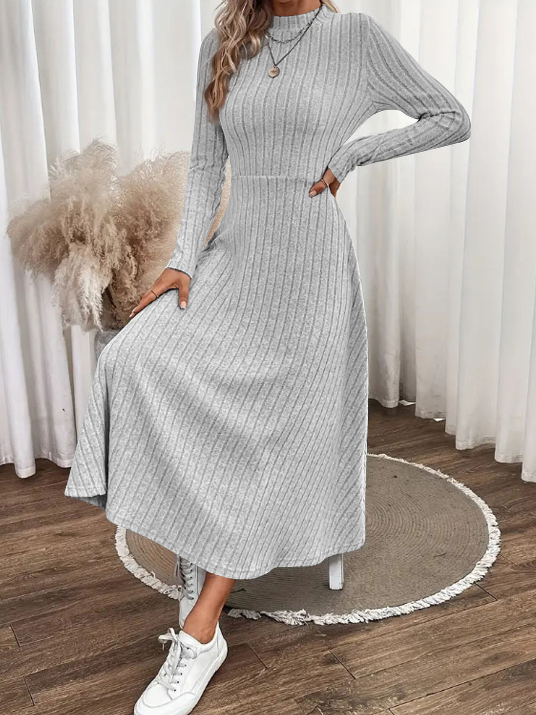 Women's Ribbed Knit Midi Dress with High Mock Neck and Tailored A-Line Shape