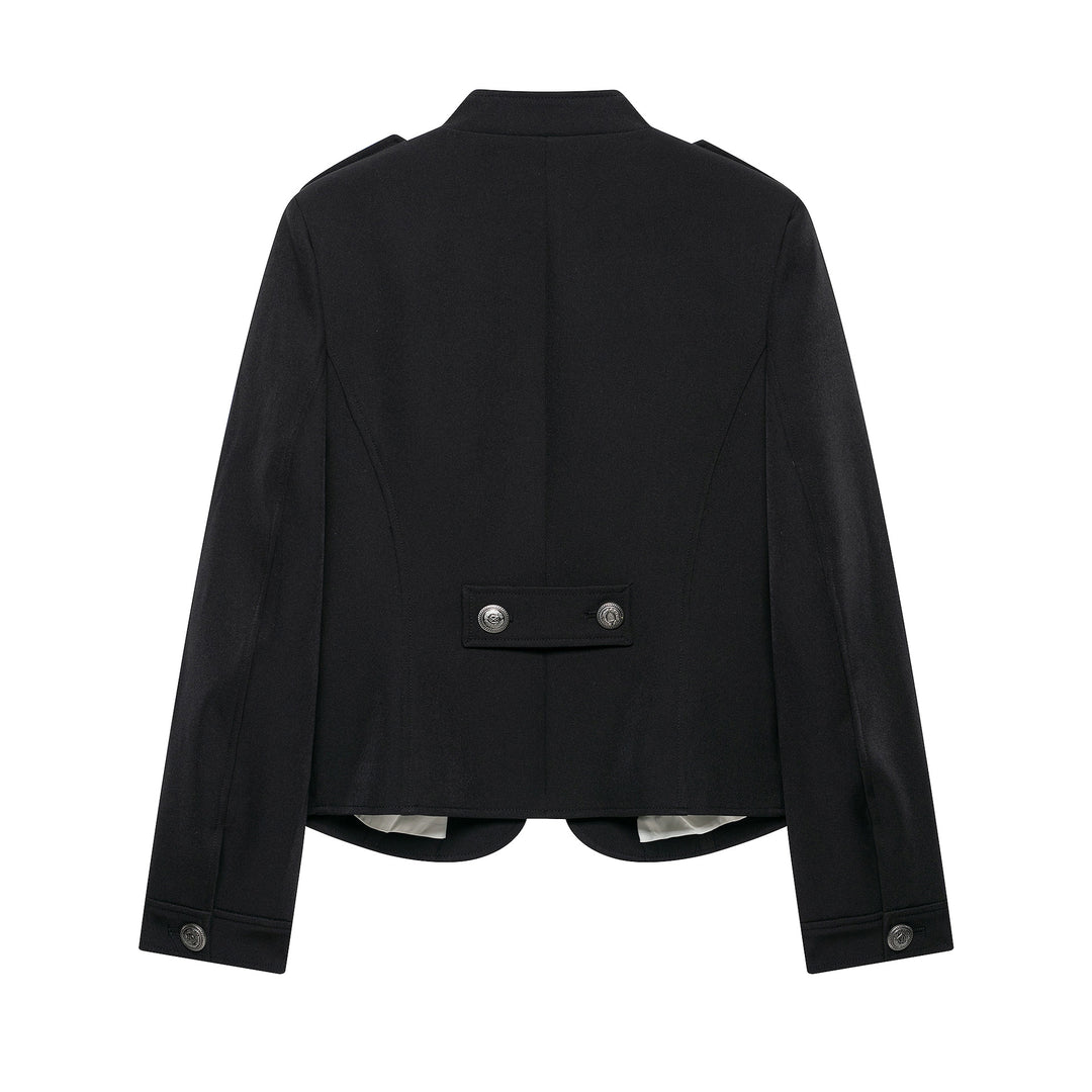 Women short blazer with stand-up collar, back decorative flap and tailored fit Mune Fashion