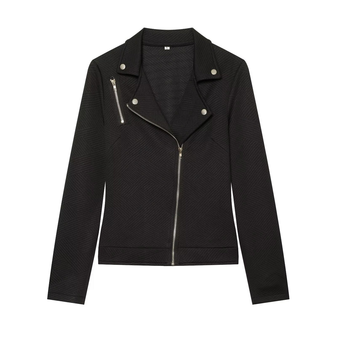 Women's short jacket in biker style with asymmetrical zipper and textured weave structure Drune