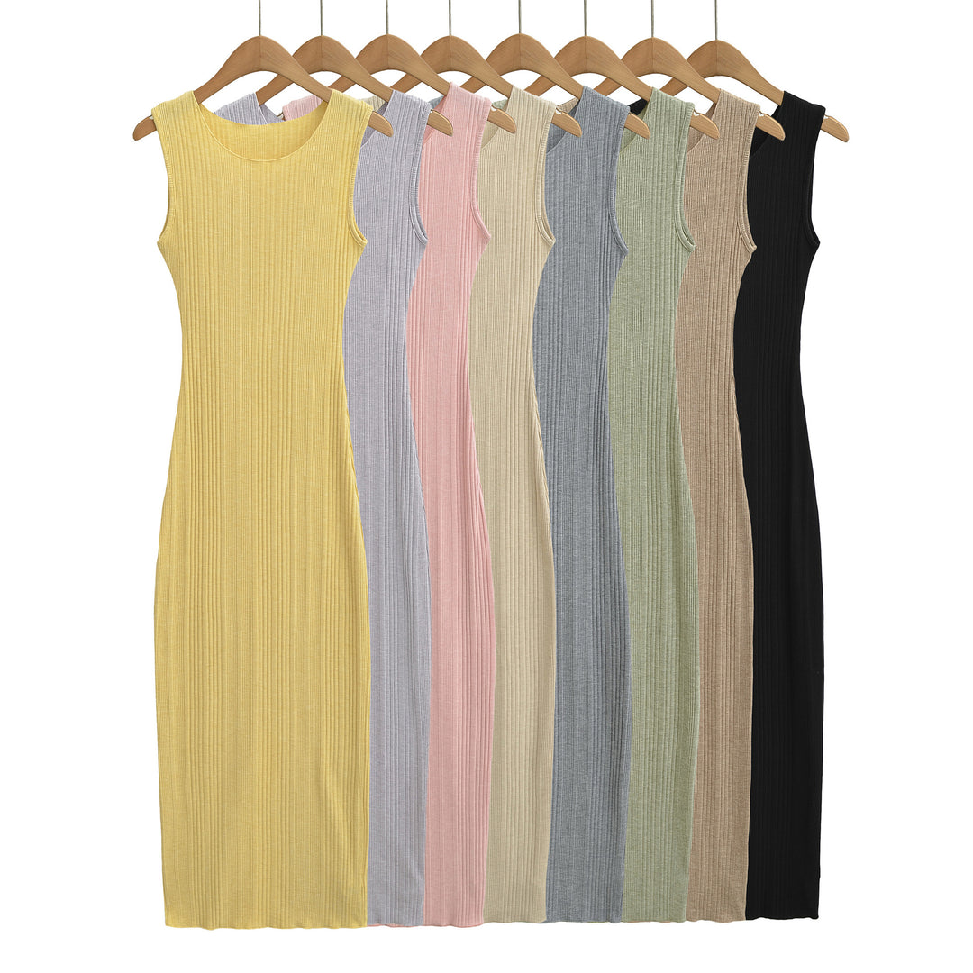 Women Fitted Sleeveless Ribbed Maxi Dress with Round Neckline Mune Fashion