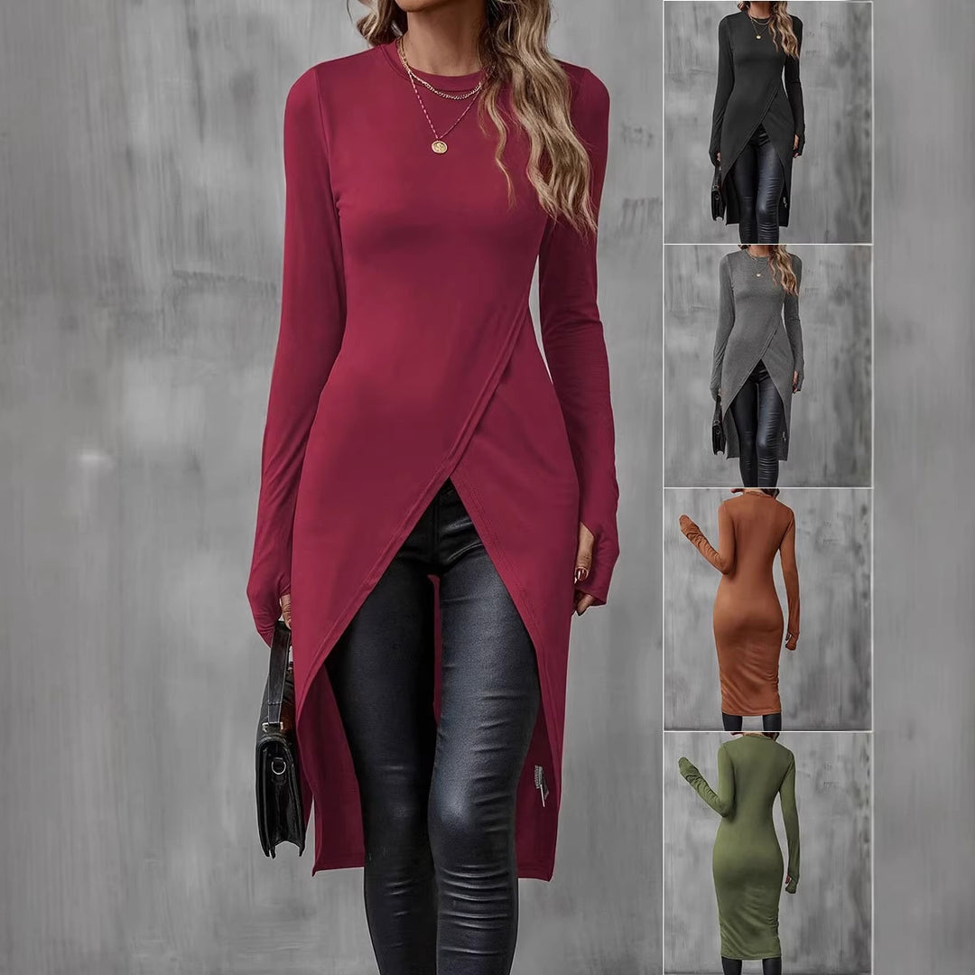 Women's Long Asymmetric Wrap Tunic Top with Front Slit Drune