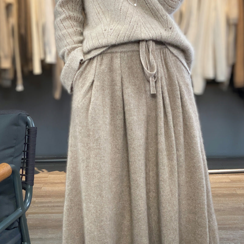 Women Mid-Length Cashmere-Look Knit Skirt with Pleats and Drawstring Mune Fashion