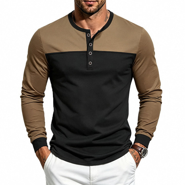 Men's Slim-Fit Henley Long Sleeve Shirt with Contrast Panel and Metal Button Placket Mune Fashion
