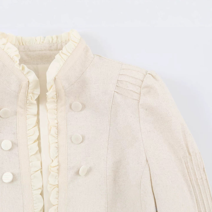 Women Cropped Jacket with tailored silhouette, stand-up collar and ruffle trim Drune