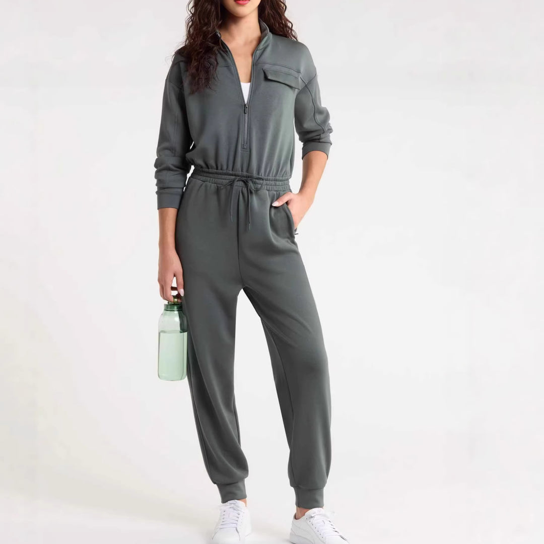 Ladies Fashionable Jumpsuit with Stand Collar and Drawstring