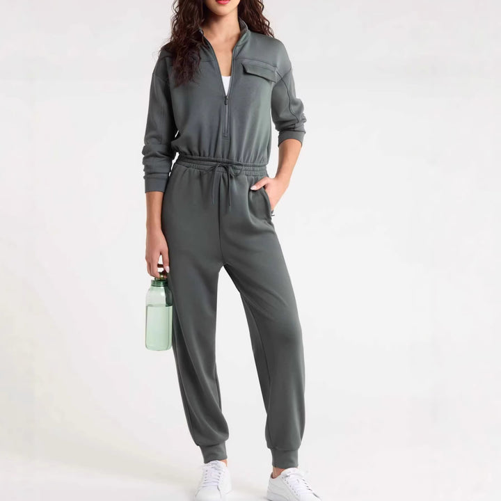 Ladies Fashionable Jumpsuit with Stand Collar and Drawstring