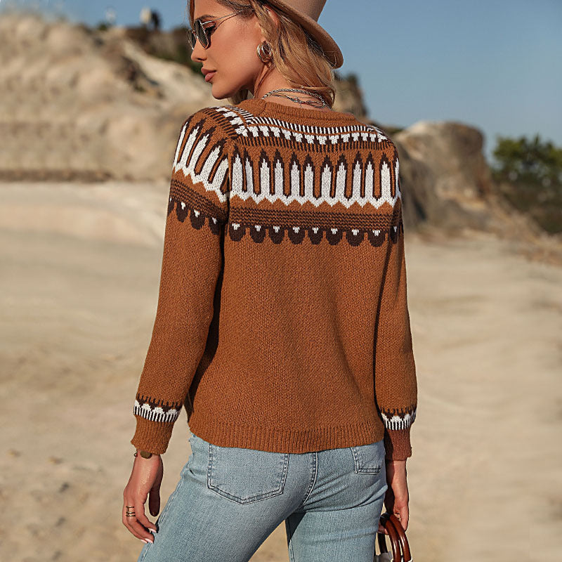 Women's knit sweater with Norwegian pattern and round neckline Mune Fashion