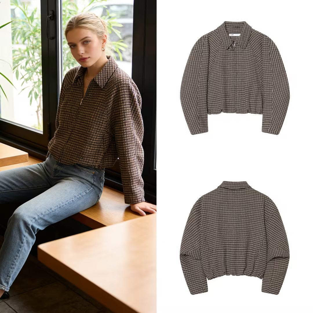 Women's short-cut houndstooth bouclé jacket with shirt collar and fitted silhouette Mune Fashion