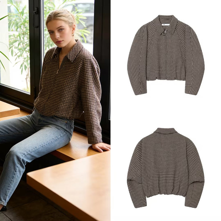 Women's short-cut houndstooth bouclé jacket with shirt collar and fitted silhouette Mune Fashion