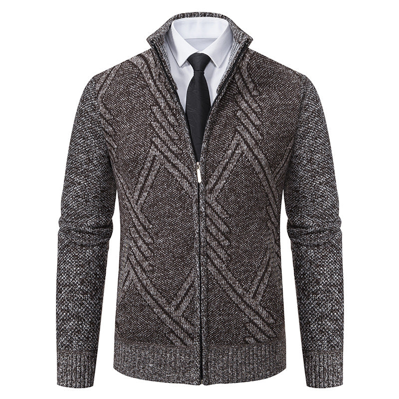 Men's Chunky Knit Zip Cardigan with Stand-Up Collar and Geometric Structure Pattern Mune Fashion