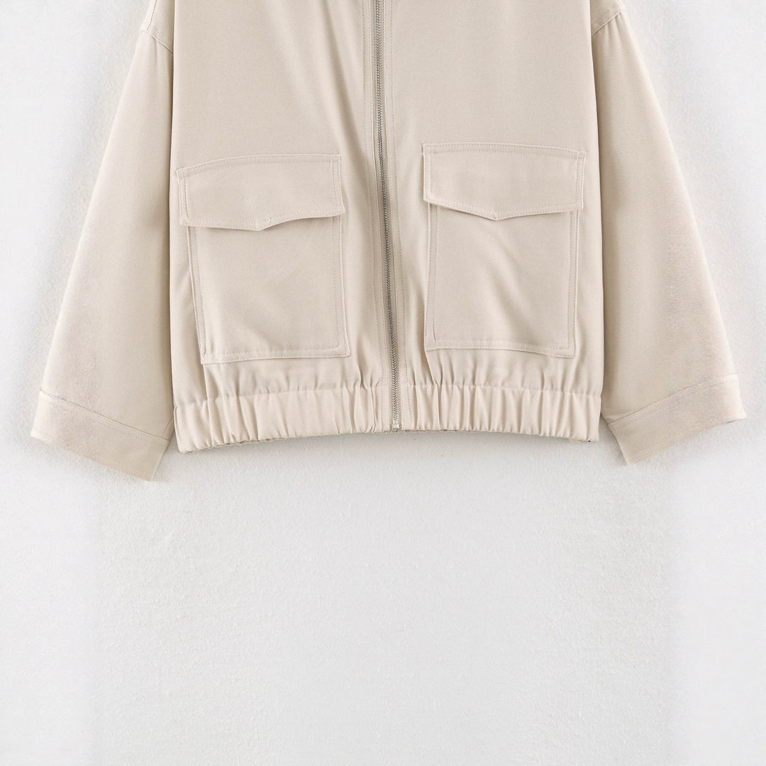 Women's Cropped Utility Jacket with Elastic Waistband and Applied Flap Pockets Mune Fashion