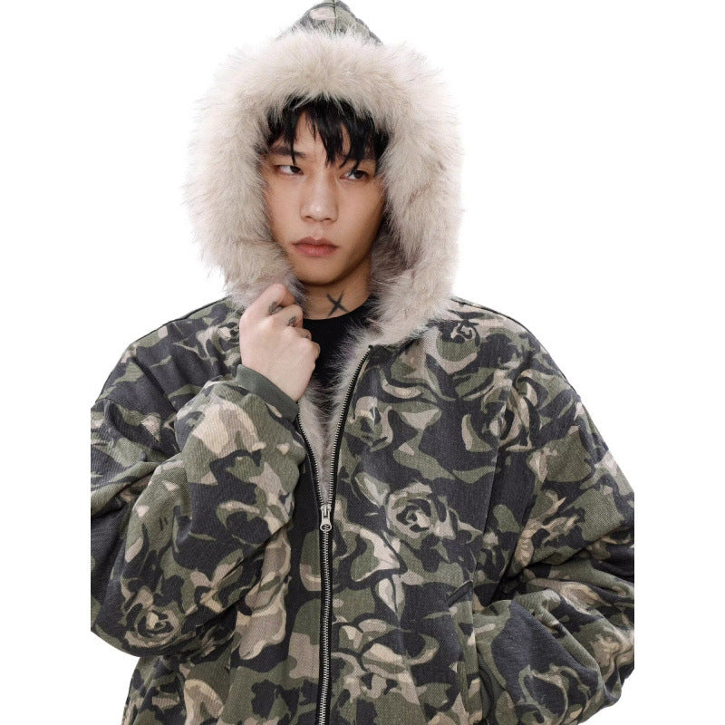 Men's Warmer padded camouflage bomber with hood and faux fur trim Mune Fashion