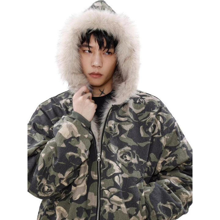 Men's Warmer padded camouflage bomber with hood and faux fur trim Mune Fashion