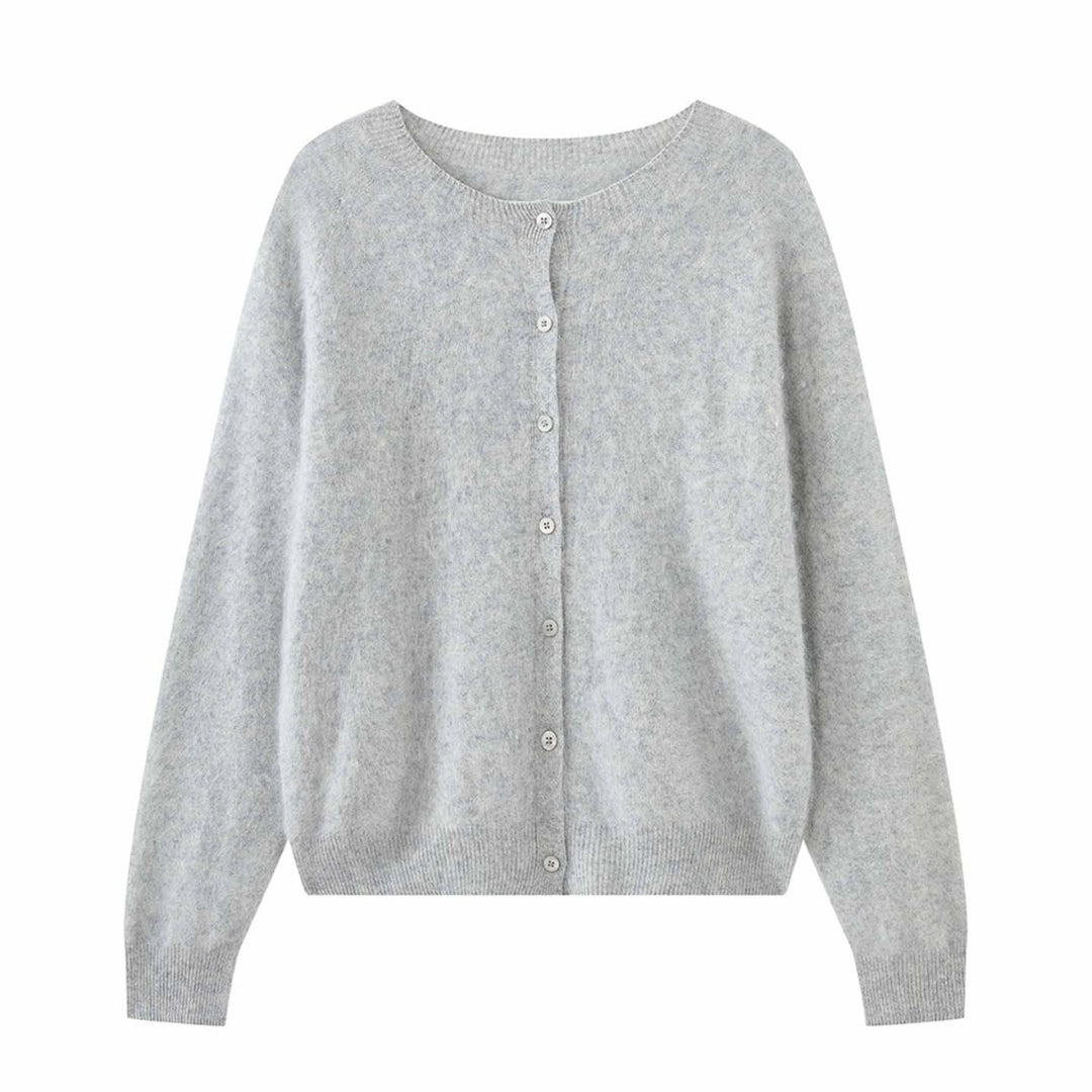 Women's short cardigan made of fluffy mohair mix with button placket and round neck
