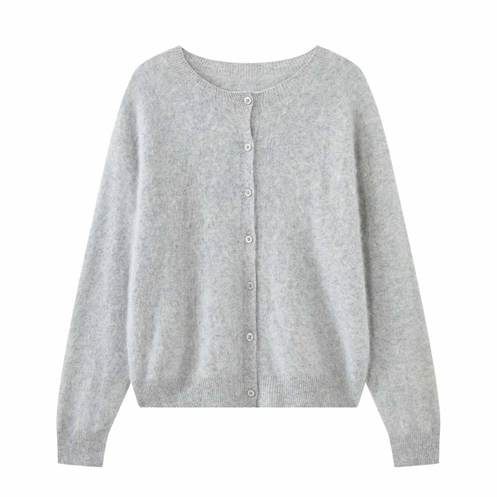 Women's short cardigan made of fluffy mohair mix with button placket and round neck