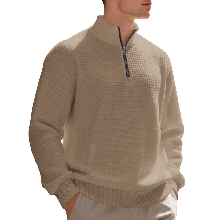 Men's waffle knit half-zip pullover with stand-up collar, kangaroo pocket & ribbed finishes Mune Fashion