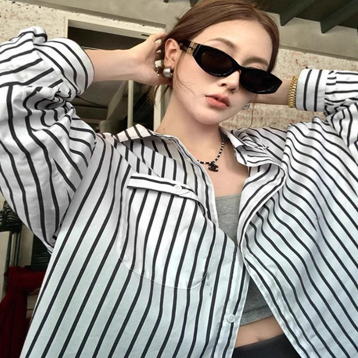 Women Wide Stripe Boxy Shirt with Extended Back Hem and Chest Pocket Mune Fashion