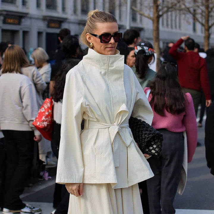 Women's Boxy Short Coat with High Stand Collar and Tied Belt Mune Fashion