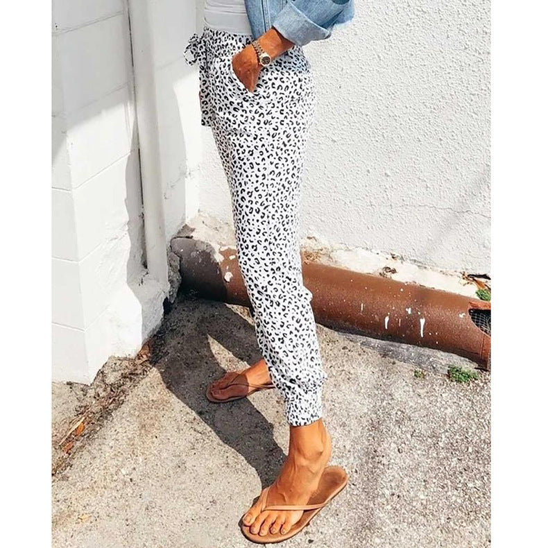 Ladies casual leopard print jogging pants with drawstring, side pockets, and elastic cuffs Mune Fashion