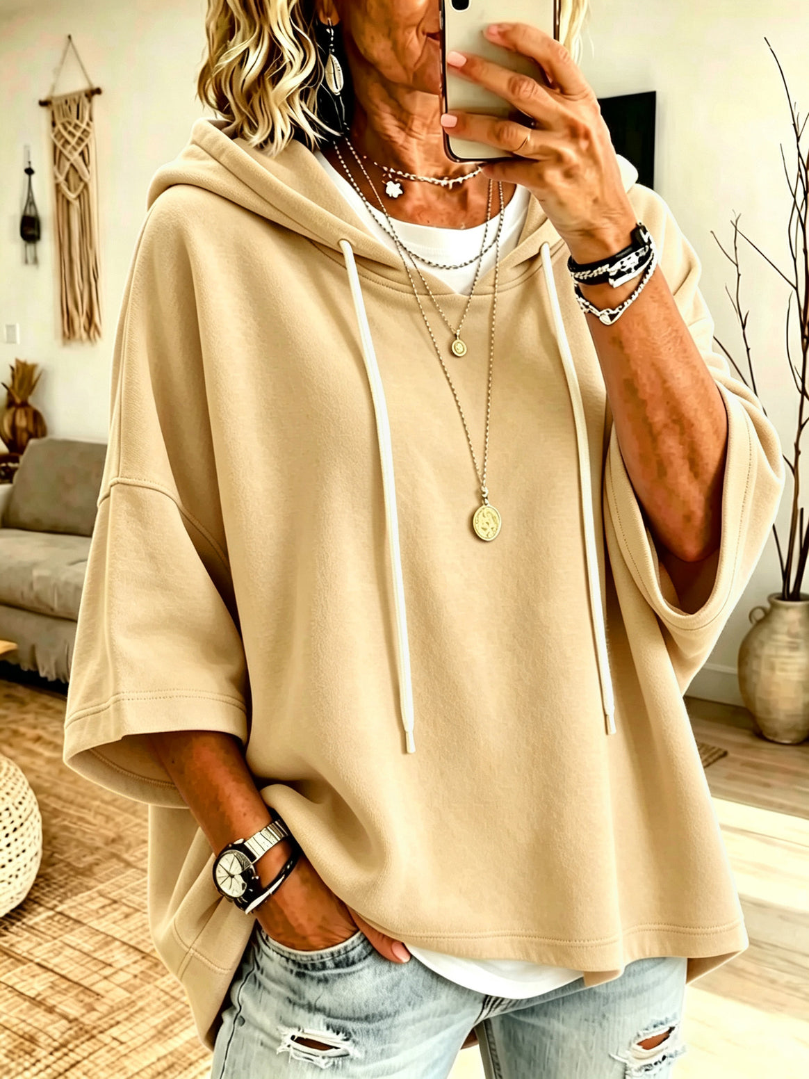 Women's Short Sleeve Oversized Hoodie with Hood and Contrast Drawstring Mune Fashion