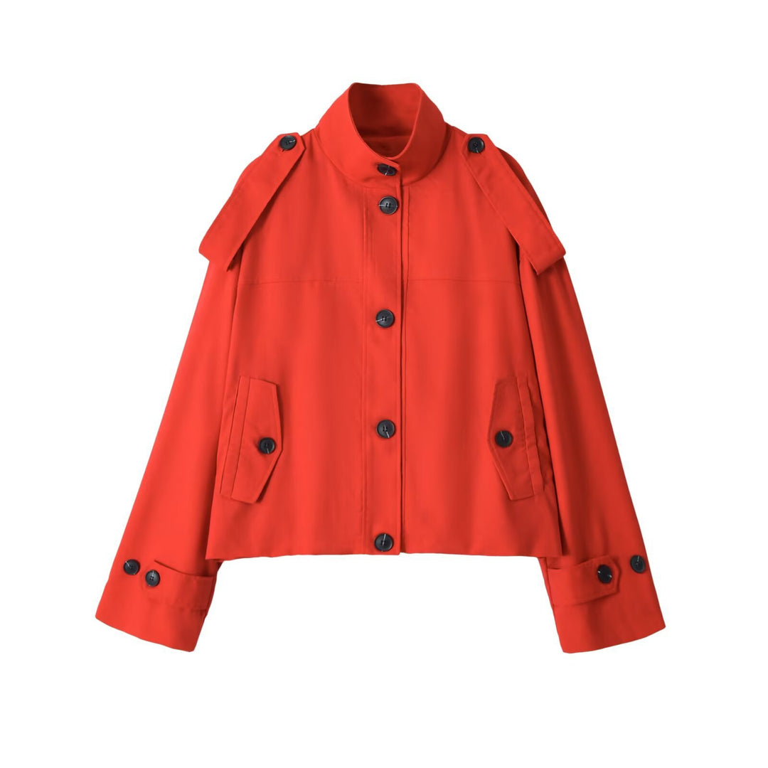 Women's Short Trench Coat with Stand Collar and Epaulettes Mune Fashion