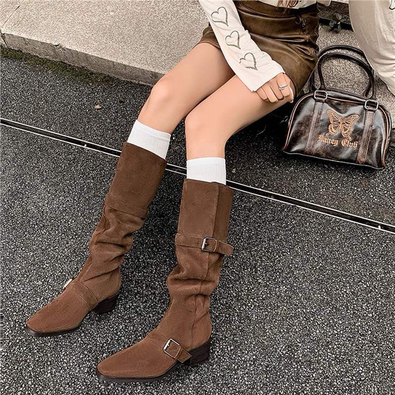 Women's Knee-High Suede Slouch Boots with Pointed Toe, Adjustable Decorative Buckles, and Comfortable Block Heel Mune Fashion