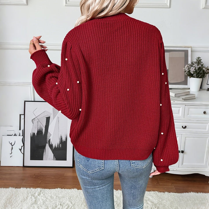 Women Pearl-Embellished Chunky Knit Cardigan with V-Neck Mune Fashion