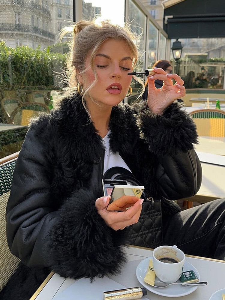 Women's Oversized Faux Leather Aviator Style Coat with Voluminous Faux Fur Collar and Teddy Cuffs Mune Fashion