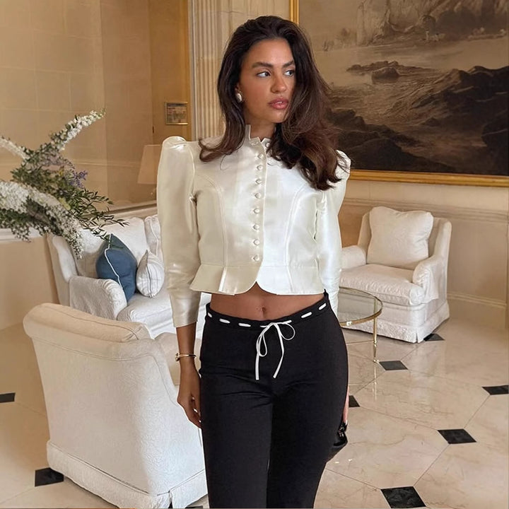 Women Satin Two-Piece with Tailored Short Jacket, Stand Collar & High-Waist Wide Pants Mune Fashion