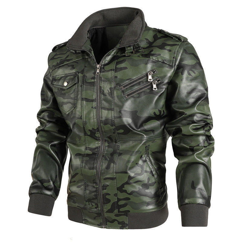 Men's Camouflage Faux Leather Biker Jacket with Shoulder Epaulettes, Zipper Detail and Ribbed Cuffs Mune Fashion