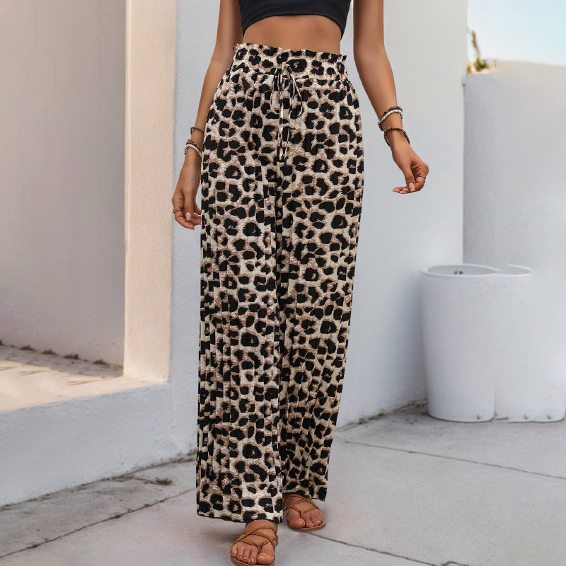 Women's Lightweight Palazzo Pants with Elastic Waist, Drawstring and Animal Print Mune Fashion