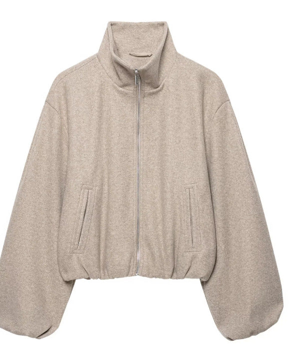 Women's Cropped Fleece Bomber Jacket with Stand-up Collar, Balloon Sleeves and Elastic Hem Mune Fashion