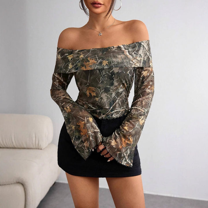 Women's off-the-shoulder long sleeve top with camouflage leaf pattern and flared sleeves Mune Fashion