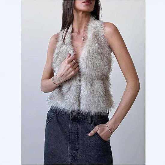 Women's Sleeveless Cropped Faux Fur Set with Mini Skirt and Fluffy Cuffs Mune Fashion