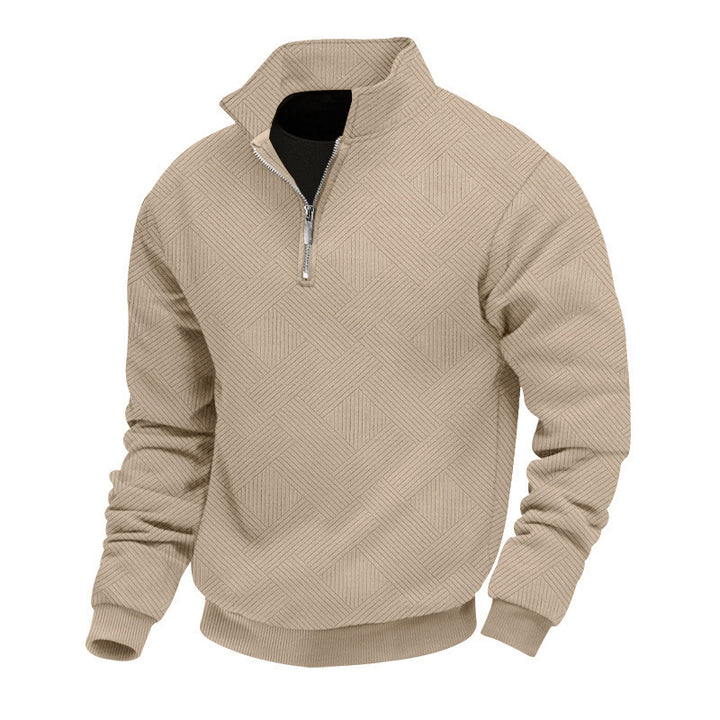 Men's Half-Zip Knit Sweater with Geometric Structure and Stand Collar Mune Fashion