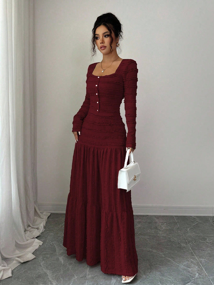 Women's Figure-Hugging Ruffle Maxi Dress with Square Neckline and Button Placket Mune Fashion