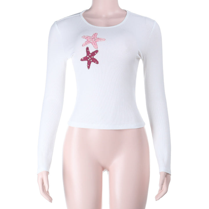 Women's Tailored Rib Long Sleeve Crop Top with Sequin Starfish Applique Mune Fashion