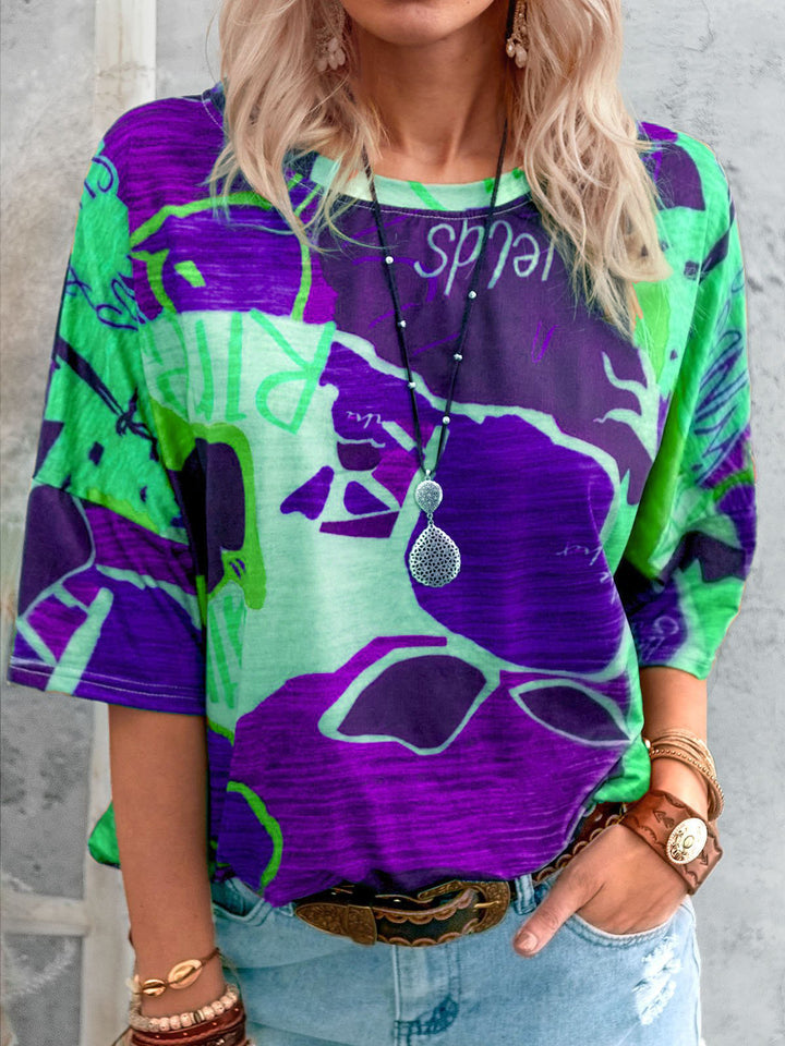 Women's Loose Viscose Print Shirt with Half-Length Sleeves and Round Neck Mune Fashion