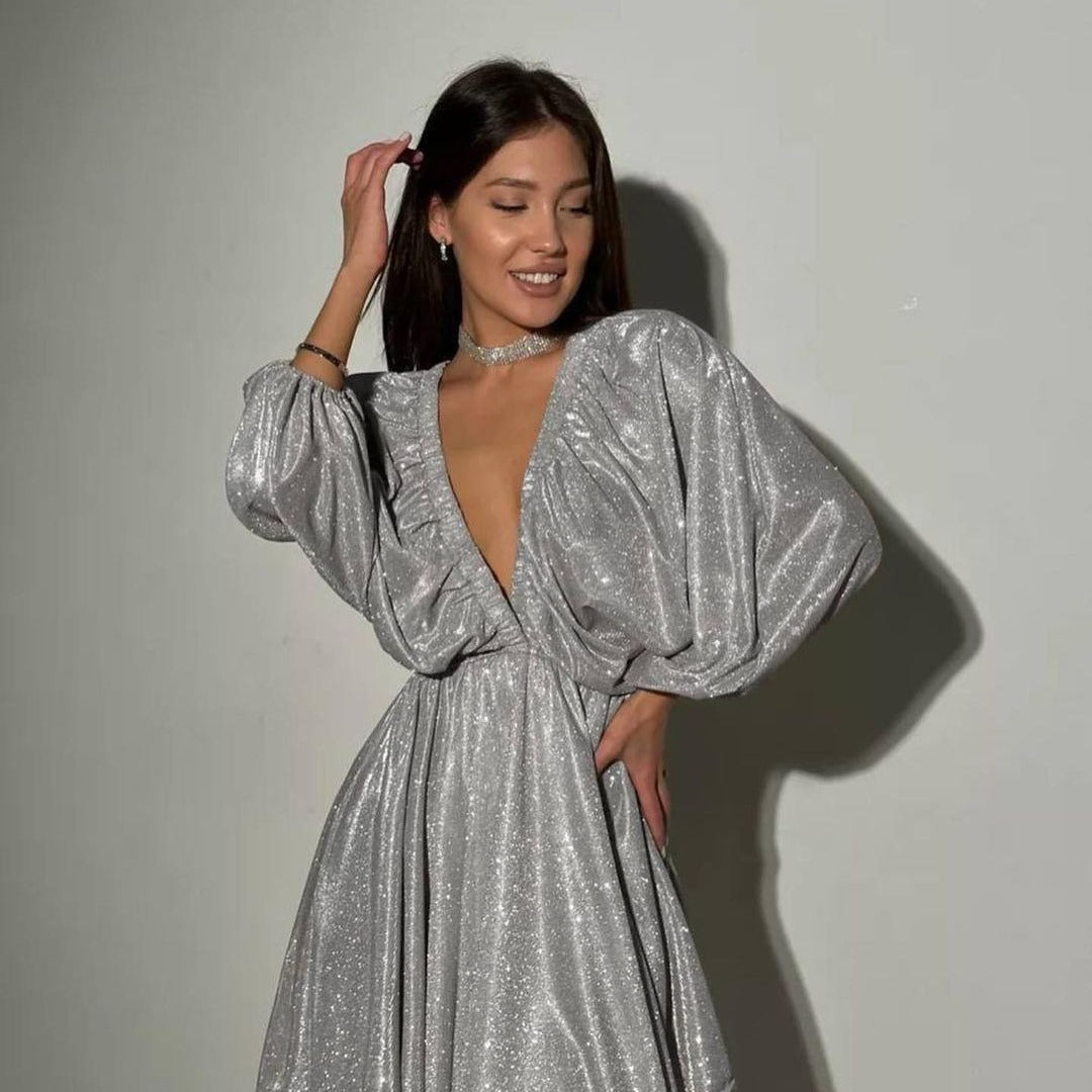 Women's Glittering Evening Dress with Deep V Neckline, Balloon Sleeves and Waist-Defining Bell Skirt Mune Fashion