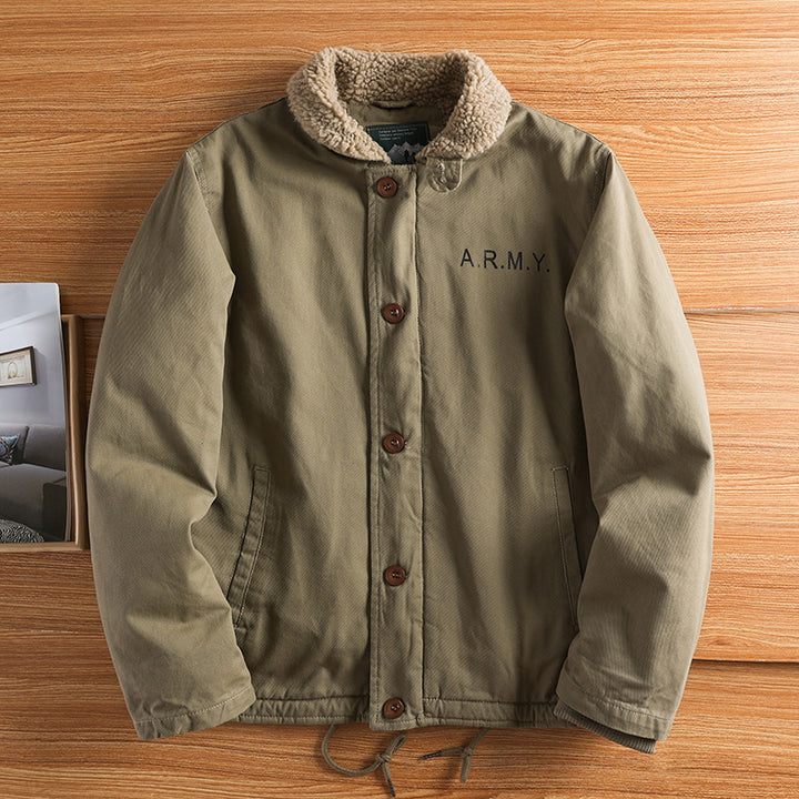 Men's military-inspired canvas jacket with teddy collar, insulating inner lining, and drawstring hood