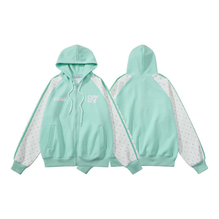 Women's hooded sweatshirt jacket with full zipper, raglan sleeves, and polka dot inserts Mune Fashion