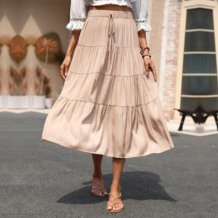 Women's Casual Tiered Skirt with Elastic Waistband, Drawstring and Flowing Midi Length Mune Fashion