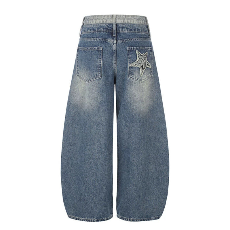 Women's High-Waist Wide Denim Culotte with Star Appliqués and Fringe Detail