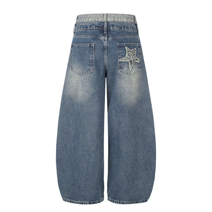 Women's High-Waist Wide Denim Culotte with Star Appliqués and Fringe Detail