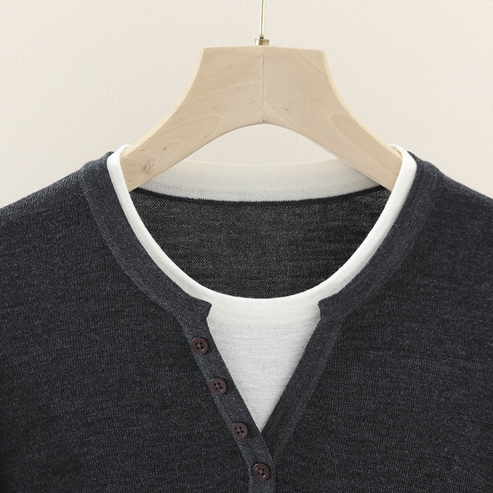 Women Layer-Look Fine Knit Long Sleeve with Henley Button Placket Mune Fashion